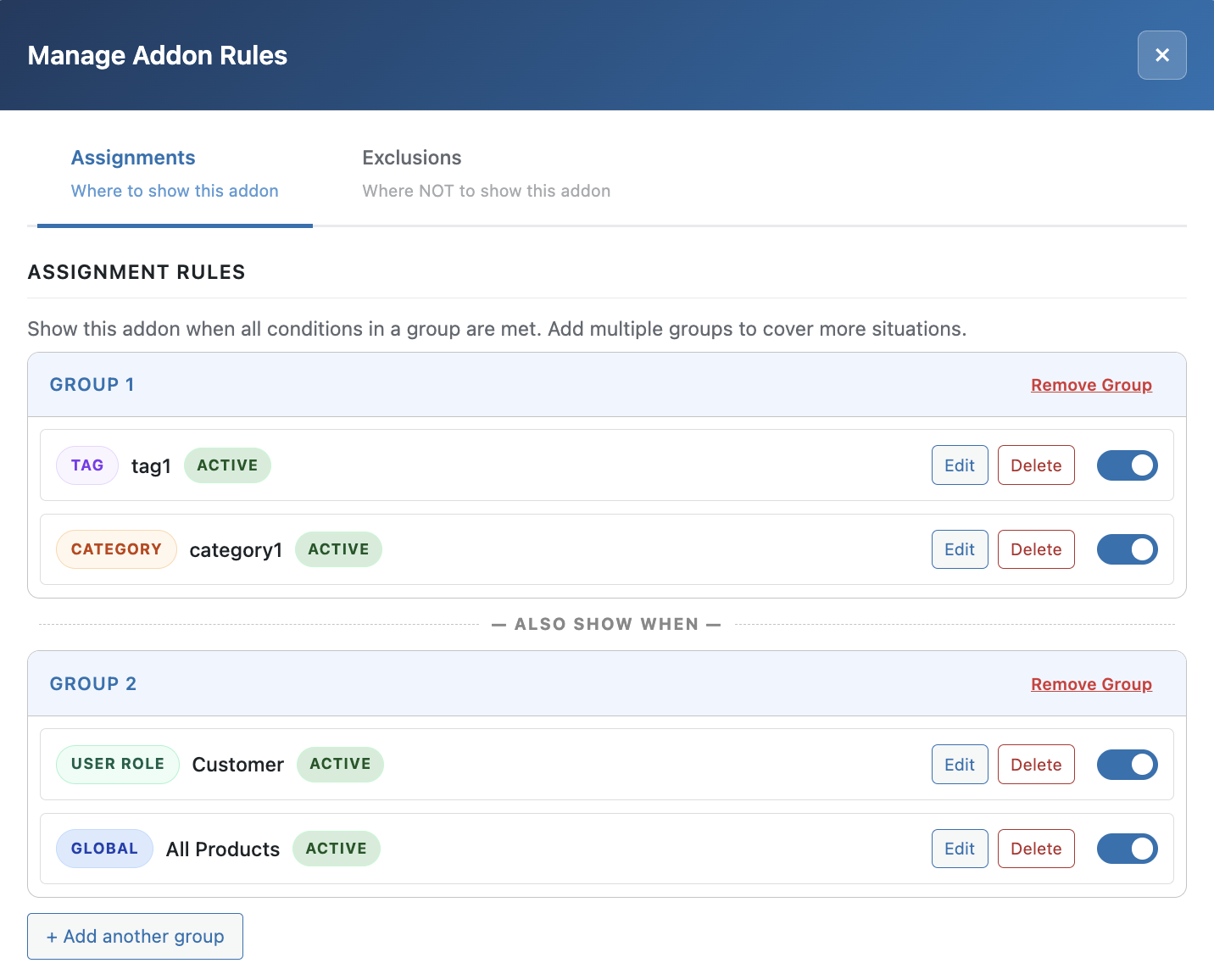 Manage add-on rules: assignments tab